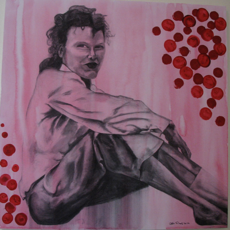 Charcoal Drawing of Grandmother with Red/Pink Acrylic Background.